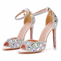 Silver Sparkly High Heels Ankle Strap Glitter Shoes Platform Pumps 2022 34-46 11cm Wedding Bride Party Cocktail Prom Quinceanera Birthday Peep Toe AB Stones