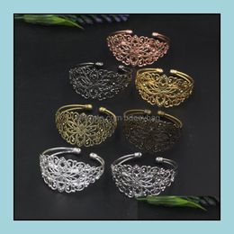 Bangle Bracelets Jewelry Vintage Gun Black Color Filigree Flowers Hollow Design Alloy Charm Bracelet Statement For Wome Dhqye