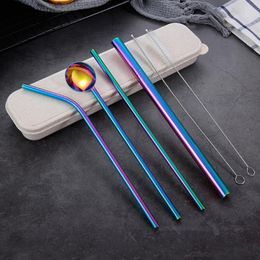 Flatware Sets 7Pcs/Set Dinnerware Set Reusable Stainless Steel Straws Spoon Drinking With Cleaning Brush Storage Box Cutlery SetFlatware