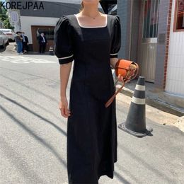 Korejpaa Women Dress Summer Korean Chic Retro Hepburn Style Square Collar Front Back Two-Wear Design Puff Seeve Vestidos 210526