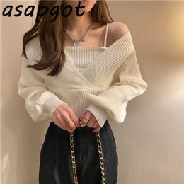 Temperament Solid Slim Autumn Short V Neck White Knitted Tops Bottom Fake Two Pieces Pullovers Sweaters Lady Fashion Chic Korea 220321