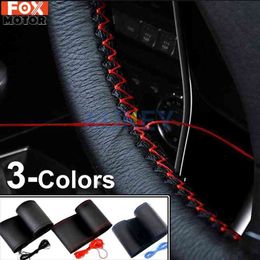 BlackRedBlue Diy Pu Leather Car Steering Wheel Cover With Needles And Wire Breathable Anti Non slip Universal 38Cm J220808