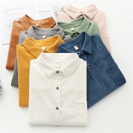 Einfarbig Cord Shirts Frauen Frühling Casual Lose Blusen Damen Langarm Bluse Einfache College Stil Tops 210308