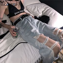 high waist Ripped Jeans For Women's Loose Thin denim Pants Breeches Overalls 2020 Vintage Female Torn Trousers streetwear 220402
