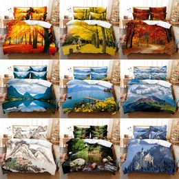 Forest Duvet Cover Set Dreamy Woodland Scene Bedding Misty Autumn Scenic Quilt with Pillowcases King Room Decor