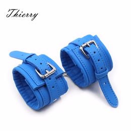 Thierry PU Leather Blue Handcuffs Bondage Restraints SM products Wrists Cuffs sexy Toys For woman Flirting Game