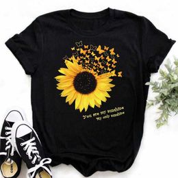 Maycaur Womens T-shirt Casual Kawaii Sunflower Butterfly Pattern Print Comfortable Clothing Black Top