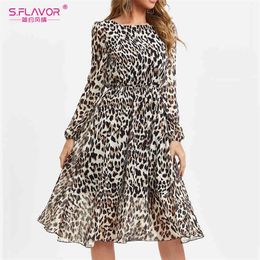 S FLAVOR Leopard Print O Neck Chiffon Dress For Women 2021 Spring Long Sleeve Sexy Party Dress Clothes Summer Casual Beach Dress 210322