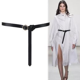 Belts Gold Round Buckle Long Cow Thin No Pin Alloy Buckles Belt Genuine Leather Black Knot Strap Women Dress Decorate Gifts JeanBelts Fier22