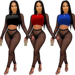 Women's Two Piece Pants Cutubly Set Women Sexy Mesh Patchwork 2 Sets Womens Outfits Long Sleeve Crop Tophigh Waist Trouser Suit 2022