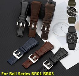 Watch Bands 24mm Quality Flat End Italian Calfskin Leather Band For Bell Series BR01 BR03 Strap Watchband Bracelet Belt Ross StrapWatch Hele