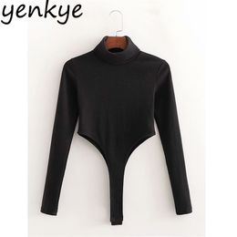 Fashion Women Vintage Black Turtleneck Bodysuit Long Sleeve Knit Sexy Body Femme Playsuit Tops 210306