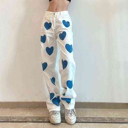 Women Harajuku High Waist White Jeans Blue Heart Print Contrast Color Denim Pants Casual Loose Straight Leg Pants L220726