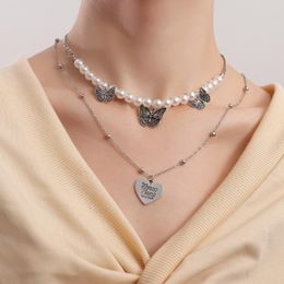 Pendant Necklaces Silver Colour Butterfly Heart Pendants For Women Imitation Pearls Clavicle Chain Layered Female 2022 FashionPendant