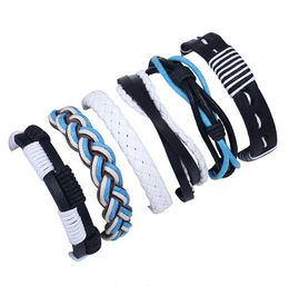 fashion Braid Series Men woman cowhide Bracelet DIY Beaded Strands Black white blue Combination suit Bracelet 6styles/1set