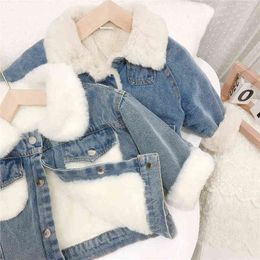 2021 Winter Girls Boys Casual Thick Warm Fleece Jeans Jacket Baby Kids Children Denim Jacket Outerwear J220718