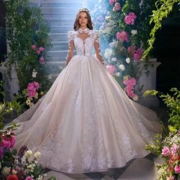 Elegant Dubai Arabic High Neck Lace Sleeve A Line Wedding Gowns Covered Button Back Appliques Beads Long Train Bridal Dresses Robe De Mariage 418