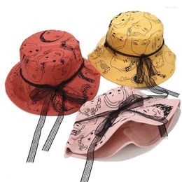 Creative Bow Doodle Fisherman Hat Women Female Summer Outdoor Sun Protection Visor Folding Basin Cap Bucket Hats Wide Brim Delm22