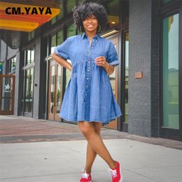 CM.YAYA Women Denim Dress Solid Single Breasted Loose Mini Dresses Office Lady Casual Vestidos Fashion Streetwear Summer Outfits 220516