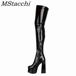 Mstacchi Women Thigh High Boots Glisten Patent Leather Platform Sexy Solid Colour Heels Shoes Women's 220729