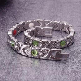 Link Chain Magnetic Bracelets For Women Green Crystals Cross Stainless Steel Bracelet Therapy Arthritis Healing Energy BraceletLink Lars22