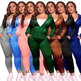 Kadınlar Artı Boyut Terzini Sıradan Eşleştirme Hoodie Velvet Fermuar Üstler Coat Tayt Pantolonu Kadın İki Parça Set
