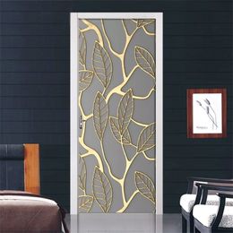 Creative 3D Golden Leaves Door Sticker DIY Home Decor Decal Self Adhesive Wallpaper Waterproof Mural For Bedroom Door Renovation T200331