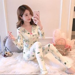 Autumn Sexy V-neck Long Sleeve Body Shaper Pajama sets Sleepwear Suit for Women Shapewear Underwear Johns Bodysuit 220329