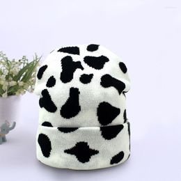 Beanie/Skull Caps 2022 Winter Hats Cow Pattern Knitted Hat Warm For Women Autumn Street Beanie Fashion White Black Cool Cap Hip Hop Delm22