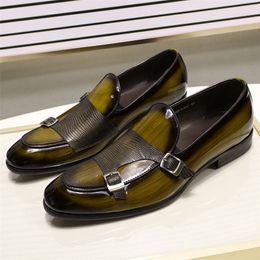 FELIX CHU Brand Patent Leather Mens Loafers Wedding Party Dress Shoes Black Green Monk Strap Casual Fashion Men Slip On Shoes 220727