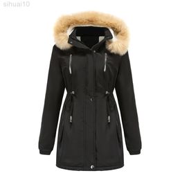 EU Size Red Black With Fur Hat Thick Warm Casual Women's Winter Jacket For 2022 Bomber Cargo Coat Padded Oversize Parkas L220730