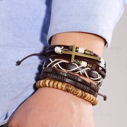 Men's Vintage Bracelet Set Adjustable Mulitlayer Wrap Braided Cross Leather Bracelets Wristband Bangle Cuff for Men Hip Hop Jewelry Gift