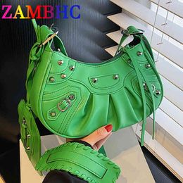 Fashion Rivets Women Leather Purses and Handbags 2022 Luxury Brand Shoulder Crossbody Bag with Card Pack Designer Lady Hobos Sac