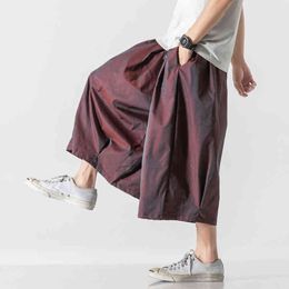2022 Men Harajuku Wide Leg Pants Mens Chinese Style Retro Loose Hanfu Bloomers Trousers Male Polyester Reflective Pants L220706