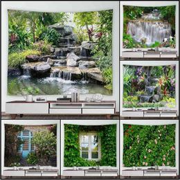 Tapestry Tropical Garden Landscape Tapestry Waterfall Flowers Trees Retro Brick