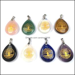 Charms Jewellery Findings Components Natural Stone 25X32Mm Water Drop Rose Quartz Tigers Eye Opal Carved Tree Of Life Pendant Diy Reiki Heal