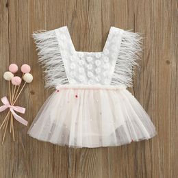 Girl's Dresses Summer Baby Dress Clothes For Toddler Kids Princess Girls Elegant Feather Tassel Floral Lace Pearl Jumpsuits Tulle Party