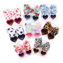 2Pcs/Set Leopard Dot Flower Print Headband Elastic Nylon Hair Band Heart Sunglasses Eyeglasses Baby Boy Girls Headwear