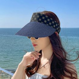 Berets Fashion Casual Straw Cap Visors Empty Top Suncap For Women Portable Foldable Magic Tape Roll-up Beach Hat Wide Brim Sun