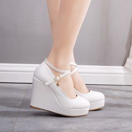 High Heels Plus Size Platform Wedges Female Pumps Women's Flock Buckle Ankle Strap Wedding Shoes 220402