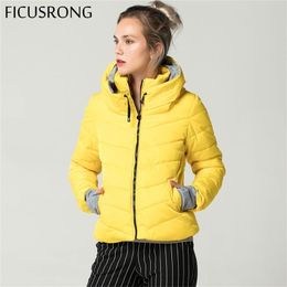 Hooded Yellow Women Autumn Winter Jacket Stand Collar Cotton Padded Female Basic Jacket Outerwear Coat chaqueta mujer FICUSRONG T200212