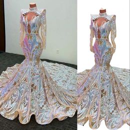 2022 Sparkly Sequined Lace Mermaid Prom Dresses Long Sleeves African Sequins Appliqued High Neck Illusion robe de bal Fishtail Sweep Train Evening Gowns Wear
