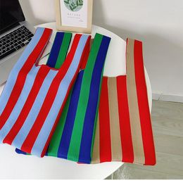 Evening Bags Handbags Japan South Korea Contrast Colour Striped Vest Knitted Shoulder Tote Bag Woven Shopping BagEvening