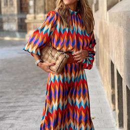 High Quality Spring High Neck 3/4 Sleeves Vintage Print Long Dress Women Fashion Dresses Bohemian Pattern Vestidos Robe 220510