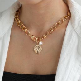 Pendant Necklaces Fashion Thick Chain Necklace Punk Gold Colour Choker For Women Pearl Portrait Coin Pendants Jewellery CollarPendant Godl22