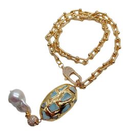 Chains Gold Color Plated Chain Statement Necklace Natural Blue Larimar Freshwater White Keshi Pearl Pendant For WomenChains