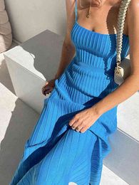 Spaghetti -Riemen Rückenless Maxi Kleid Frauen Körpercon Elegant Vestido Party Club ärmellose Blau gestrickt