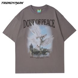 Men T-shirt O-neck Cotton Dove of Peace Print Top Tees Harajuku Streetwear Casual Short Sleeve Hip Hop Men's Clothing