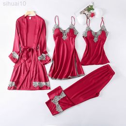 Robe Sets 4 Pcs Women Pyjamas Lace Spring Silk Nightdress Female Nightwear Set Elegant Sexy Fashion Autumn Woman Homewear 2021 L220803