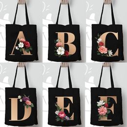 Evening Bags Alphabet Flowers Printed Shoulder For Female Shopping Totes Fashion Travel Handbags Eco Reusable Casual Shopper Canvas BagEveni